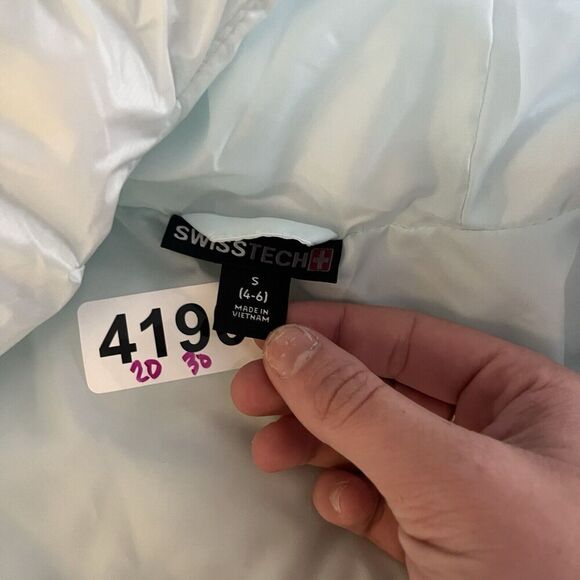 Swiss Tech Baby Blue Puffer Coat Jacket Small 4-6 Womens Packable Mid-Length - Picture 7 of 15